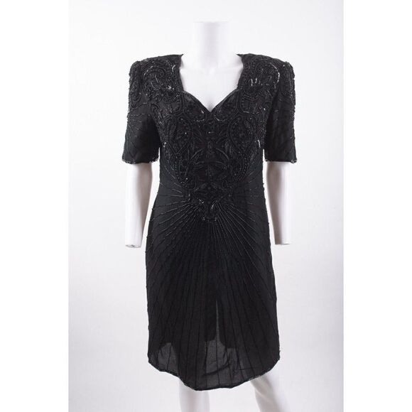 Vintage Scala Womans Silk Evening Dress Size Petite L PL Black Beaded Formal - Picture 1 of 6